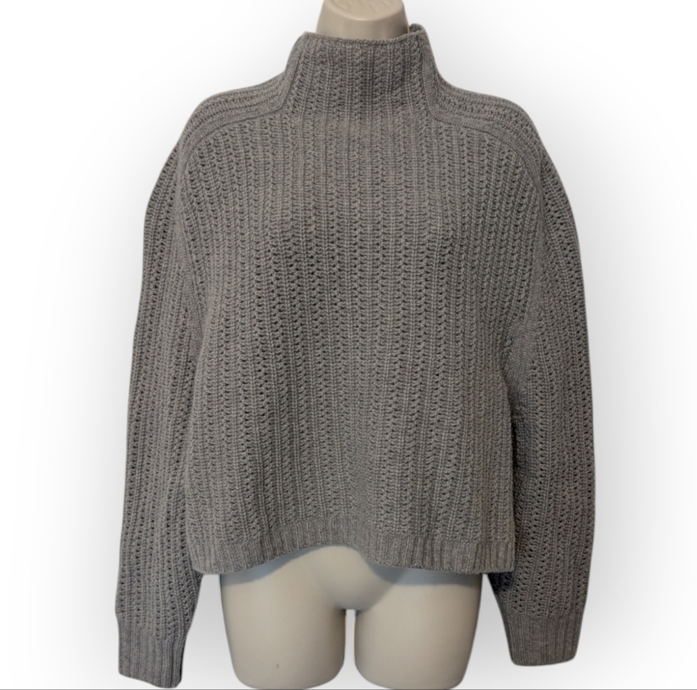 Madewell Women's Grey Wool Pointelle Stitch Mockneck Cropped Sweater Size Medium